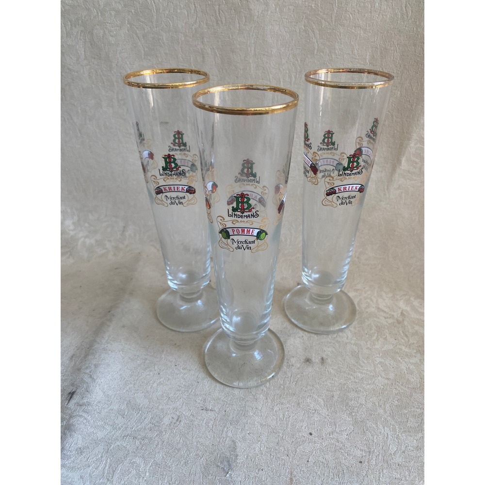 Lindemans Beer Glasses Set of 3 Clear Gold Rim Kriek Pomme Excellent Lambic Bar